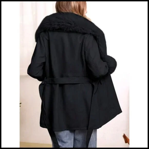 Faux Leather Jacket with Fur Collar Belted Moto Chic Winter Coat